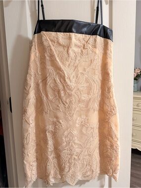 Anthropologie Strapless Lace Slip Dress in Blush Cream with Black Trim